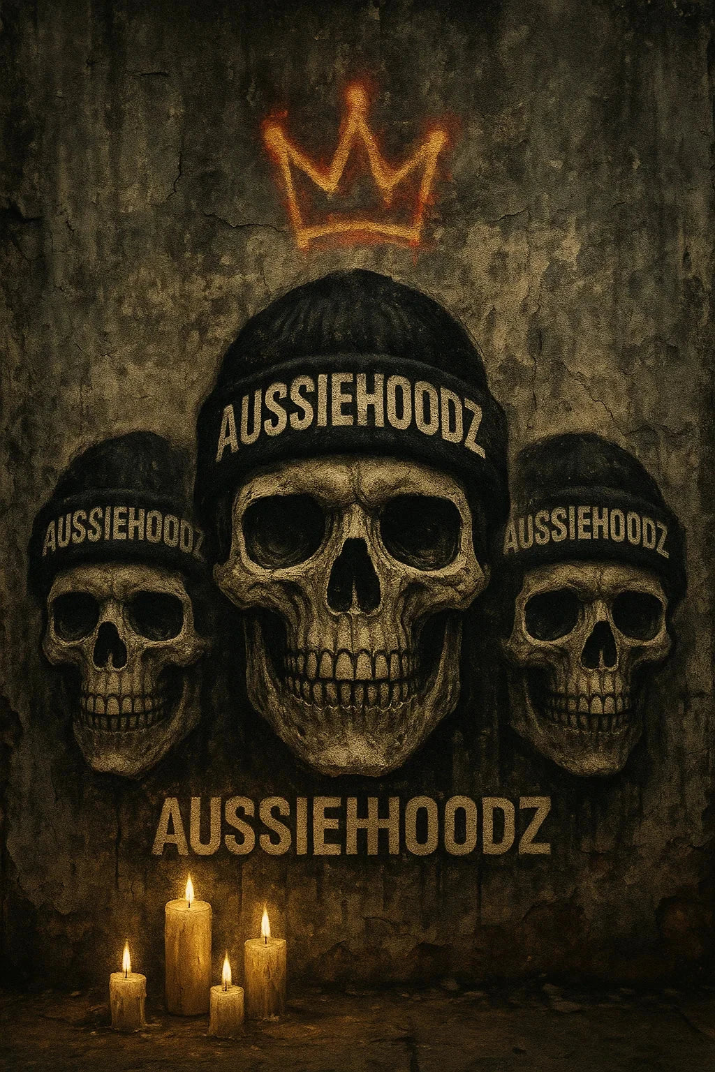 Legacy streetwear with skull-beanie icons and early AUSSIEHOODZ logos. Paying tribute to the rise.