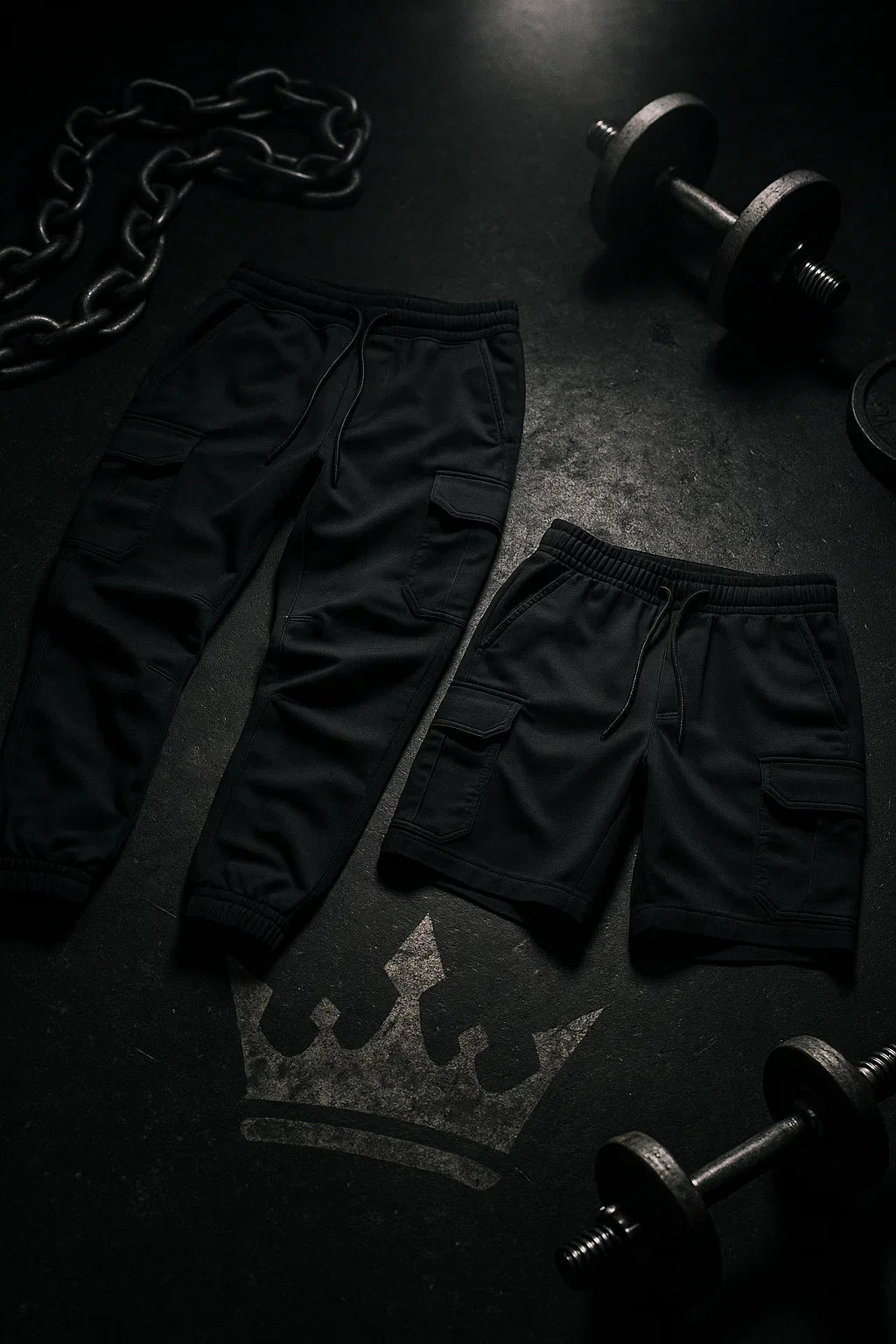 Black joggers and tactical shorts with crown details. Built for gym sets, street flow, and loyalty.