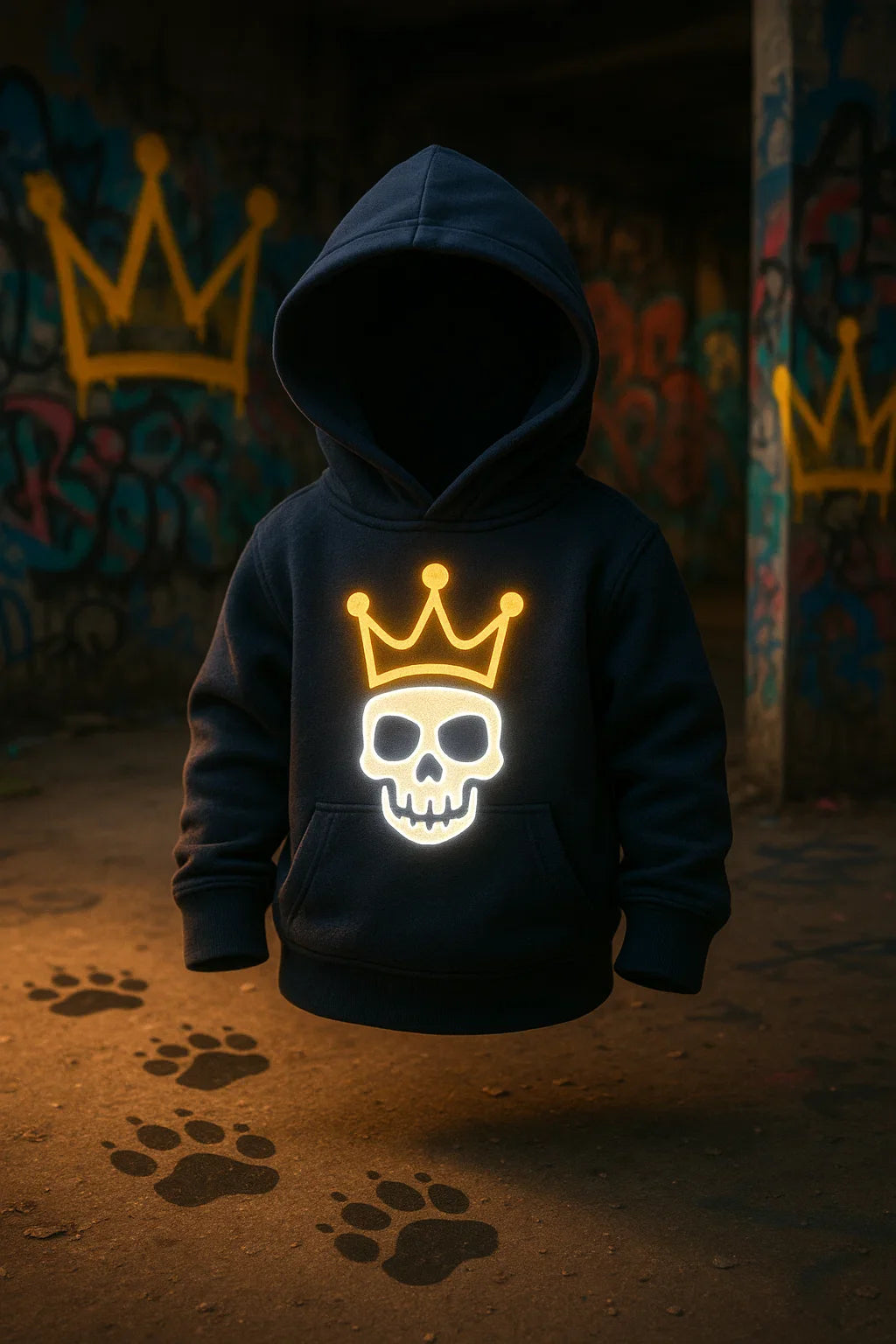 Kids hoodie with crown logo. Bold prints and skull-beanie icons for little legends born crowned.